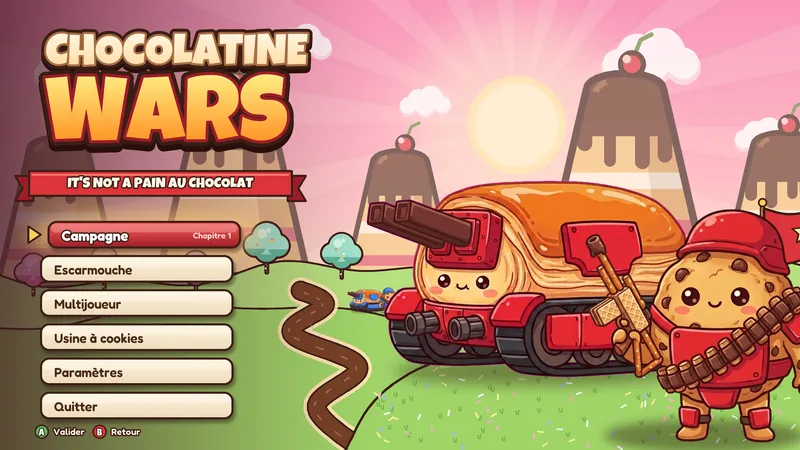Concept art du menu principal : un tank-chocolatine et un soldat cookie posent devant des montagnes de flan.