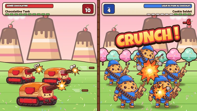 Concept art d'un combat : trois tanks-chocolatines pilonnent une escouade de cookies du camp « pain au chocolat ». Crunch !