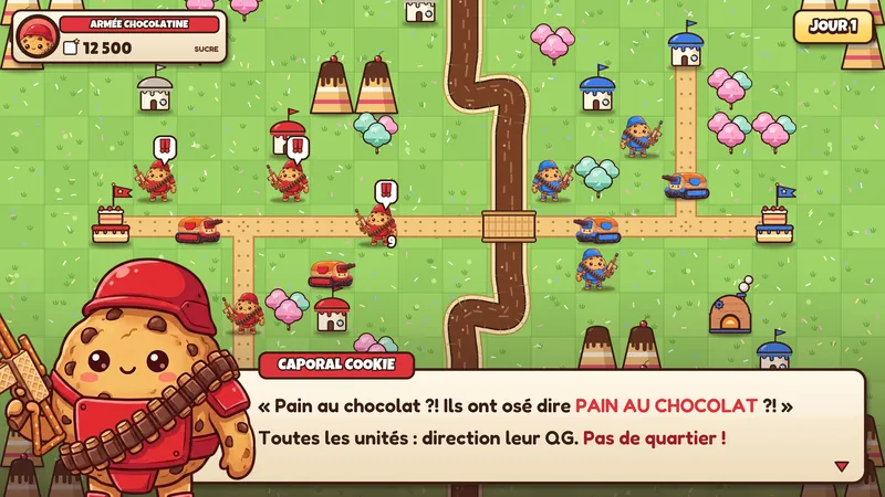 Concept art d'un dialogue : le Caporal Cookie, outré qu'on ait osé dire « pain au chocolat », lance ses troupes à l'assaut.