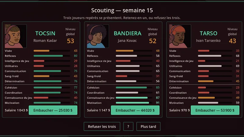Écran de scouting : trois joueurs repérés à comparer avant d'en recruter un seul.