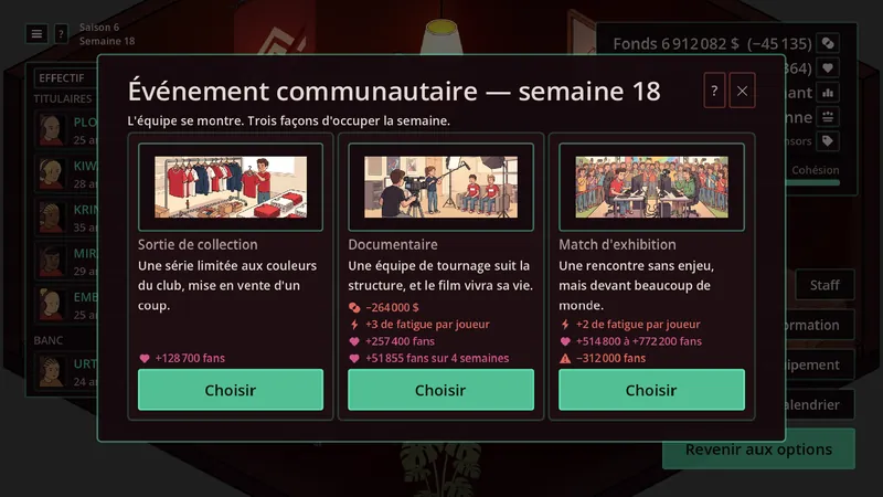 Événement communautaire : trois façons d'occuper la semaine, avec leurs gains en fans et leur coût en fatigue.