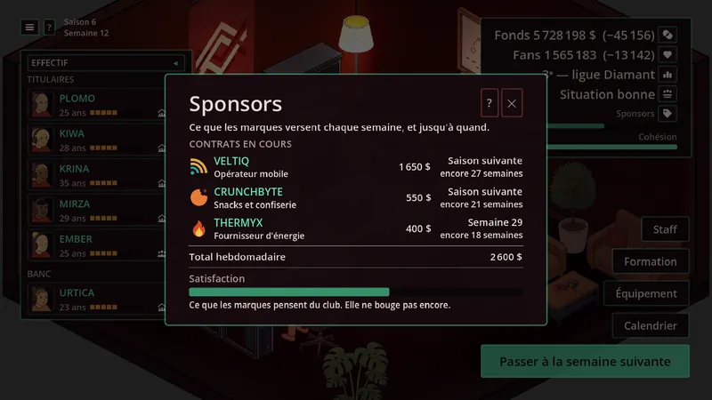 Contrats de sponsoring en cours : versements hebdomadaires, durée restante et satisfaction des marques.